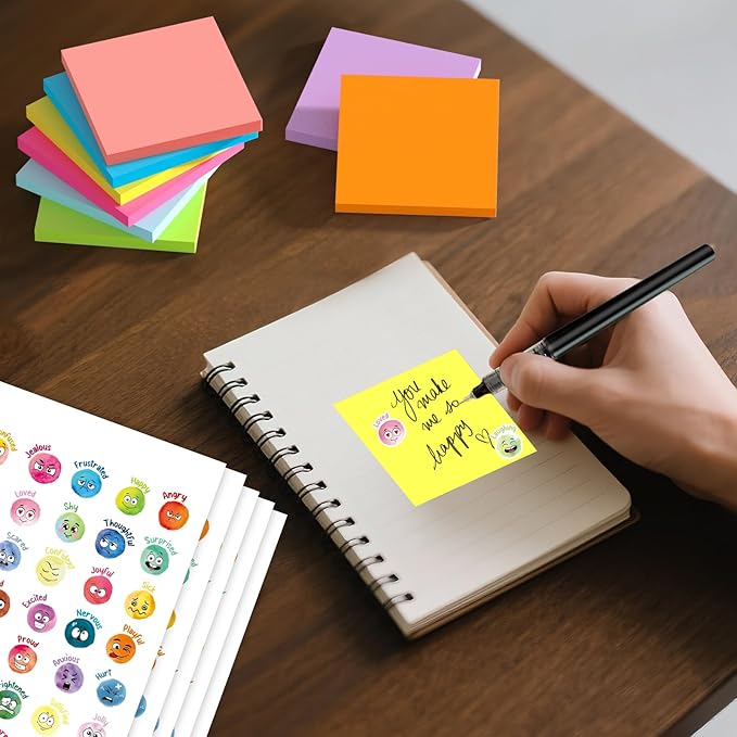 Sticky Notes 3x3 inch, 480 Sheets Colorful Sticky Notes Bulk with 200 Emotional Stickers，2 Pens, Cute Note Taking Self-Adhesive Notes Office，Teacher Supplies, Back to School Essentials