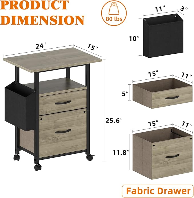 GYIIYUO 2 Drawer File Cabinet with 24'' Extended Desktop, Mobile Filing Cabinet, Rolling File Cabinet with Side Bag, Fabric Drawer, Fits A4 Size, Home Office, Oak Grey