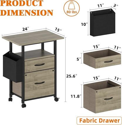 GYIIYUO 2 Drawer File Cabinet with 24'' Extended Desktop, Mobile Filing Cabinet, Rolling File Cabinet with Side Bag, Fabric Drawer, Fits A4 Size, Home Office, Oak Grey
