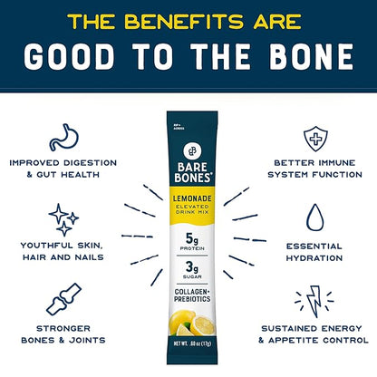 Bare Bones Lemonade Elevated Drink Mix | Light & Flavorful | Gluten-Free & Naturally Sweetened | On-the-Go Stick Single-Serve Packs Powdered Refreshment | 5g Protein | 16 Packets (.60 oz)