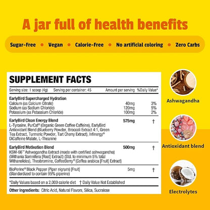EarlyBird Morning Cocktail - Pineapple Mimosa 45 Servings - Clean Energy Drink (Natural Caffeine), Increased Motivation (Nootropics), Supercharged Hydration (Electrolytes) - Wake Up Early Drink w/