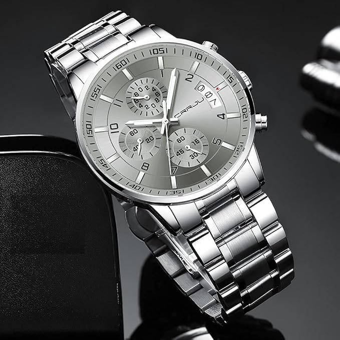 CRRJU Men's Fashion Stainless Steel Watches Date Waterproof Chronograph Wristwatches,Black Steel Band Waterproof Quartz Watch for Men
