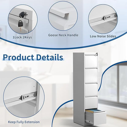 5-Drawer Locking Vertical File Cabinet, Metal Storage Cabinet for Office/Home – Secure Vertical Filing for Letter/Legal/A4/F4 Documents, Easy to Assemble Steel Cabinet (White, 5 Drawer-64 H)