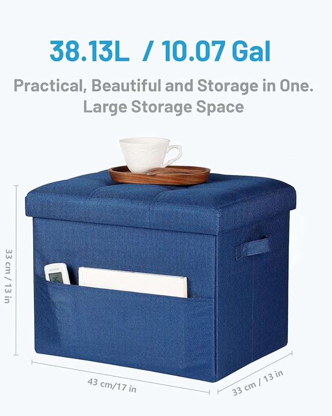 Storage Ottoman Foot Rest, Folding Linen Cotton Ottoman with Storage with Side Pockets and Handle, Foot Stool for Lounge, Study Corner, Home Office, 17x17x13 Inches, Dark Blue