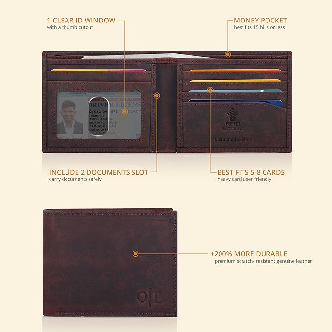 Oak Leathers Slim Leather Wallet for Men - RFID Wallets Credit Card Holder Ultra Thin Gift for Mens, Front Pocket Minimalist Design