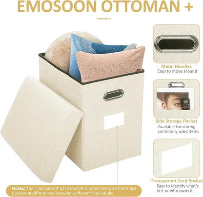Tall Ottoman with Storage Collapsible Fabric Small Slim Folding Ottoman Furniture with Handles Lid for Room Footrest Foot Stool Linen Beige 16.5x16.5x11.8in
