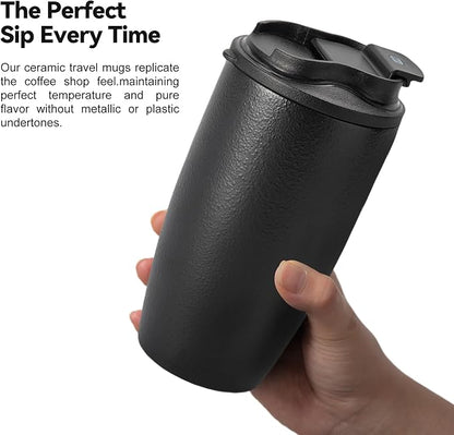 Ceramic Travel Coffee Mug with Polypropylene Lid and Insulated Sleeve, 16 oz, Portable Coffee Cup for Car Cup Holder, Black Matt Finish Mug, Microwave and Dishwasher Safe(Black)