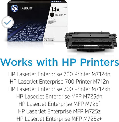 HP 14A Black Toner Cartridge | Works with HP LaserJet Enterprise M712 Series, HP LaserJet Enterprise MFP M725 Series | CF214A