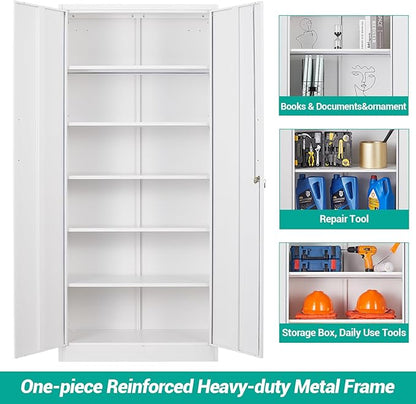 Wide & Deep Metal Storage Cabinet with 2 Doors and 5 Adjustable Shelves,White Locking Metal Cabinet,Large Garage Storage Cabinets,Lockable Tall Pantry Cabinets for Home,Office,Garage,Shop 72x36x18