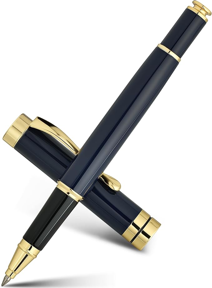BEILUNER Ballpoint Pens, Stunning Blue Chrome Metal Pen with Golden Trim, Best Ball Pen Gift Set for Men & Women, Graduation, Executive, Office, Nice Office-Gift Box with 0.5mm Black Extra Refill
