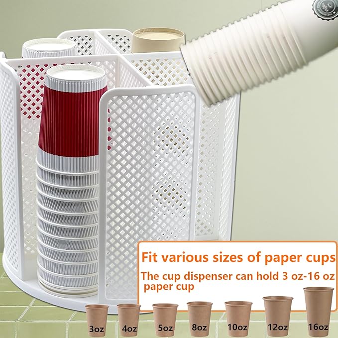 Cup and Lid Organizer Rotatable Coffee Cup Dispenser fit 5-16oz Cups Organizer, Paper Cup Storage Holder with 4 Compartment, Plastic Cup Rack for Countertop, Coffee Shop, Bar, Office White