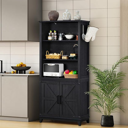 70in Tall Bookshelf 5 Tier Bookcase with Barn Doors and Adjustable Shelves, Black Farmhouse Book Shelf with Storage Cabinet, Wood Freestanding Display Bookshelves for Bedroom, Kitchen (3PCS)