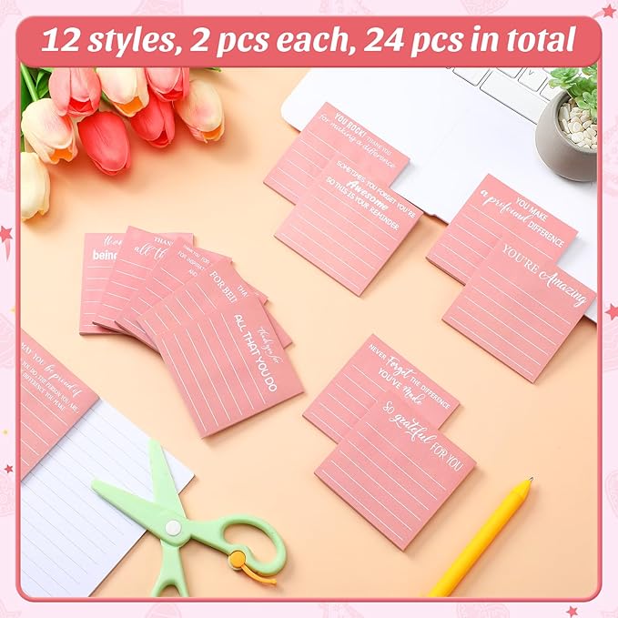 Yinder 24 Pcs Employee Appreciation Sticky Notes Xmas Gift Bulk Motivation Note Pads Mini Inspirational Note Gift for Teacher Nurse Staff Coworker Office Supply 3 x 3'' (Appreciation,Pink)