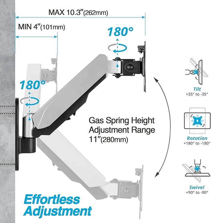 AVLT Single 32" Monitor Wall Mount [Short] fits One Flat/Curved Computer Monitor Full Motion Height Swivel Tilt Rotation Adjustable Monitor Arm - VESA/Cable Management