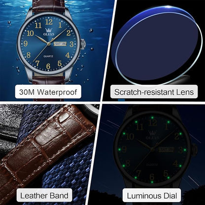 Men's Casual Leather Watch, Easy to Read Three-Hand Analog Stainless Steel Watches for Men, Minimalist Day Date Waterproof Luminous Mens Quartz Wristwatch
