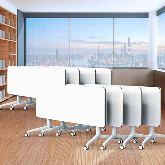 Folding Conference Table,Movable Conference Room Table with Wheels,White Wood Rectangular Conference Table with Modern Business Style,Modular Meeting Training Tables for Office Classroom(8,61'')