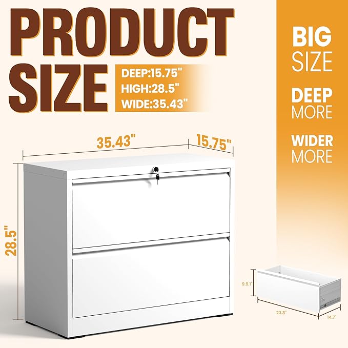 2-Drawer Lateral File Cabinet with Lock, Black Metal Filing Cabinet for Office or Home – Secure Storage for Letter/Legal/A4/F4 Documents, Easy to Assemble Locking File Organizer (White, 2 Drawer-28"H)