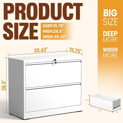 2-Drawer Lateral File Cabinet with Lock, Black Metal Filing Cabinet for Office or Home – Secure Storage for Letter/Legal/A4/F4 Documents, Easy to Assemble Locking File Organizer (White, 2 Drawer-28"H)