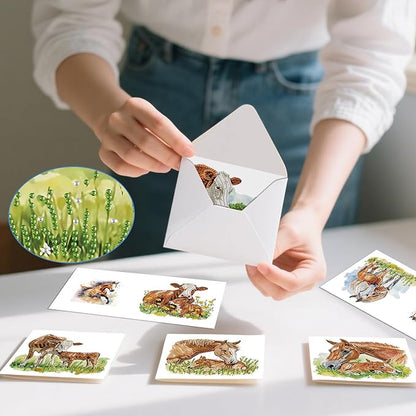 jinglinhh 12pcs Diamond Art Painting Flower Fence Cows Horses Greeting Cards with Envelopes, DIY Card Making Kits for Adults, Diamond Art Christmas Cards for Birthday Holiday Postcards Craft Gifts
