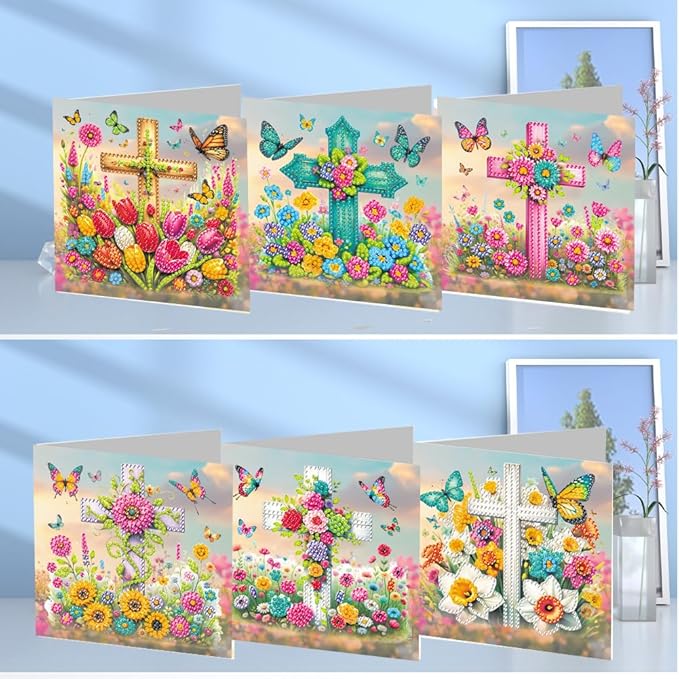 6pcs DIY Cross Diamond Art Painting Greeting Cards Kit, Rhinestone Art Holiday Birthday Card Set with Envelopes, DIY Festival Craft for Girlfriend, Christmas Valentine Gift Making Supplies