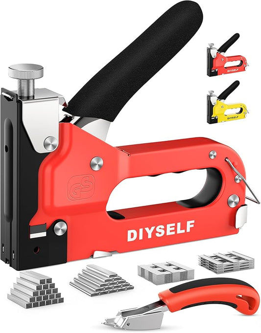 DIYSELF-Staple-Gun-for-Wood, 4-in-1 Upholstery Staple Gun Heavy Duty, Fabric Stapler, grapadora para Madera, Adjustable Manual Upholstery Stapler for Wall, Crafts, Furniture with 4000 Staples/Remover