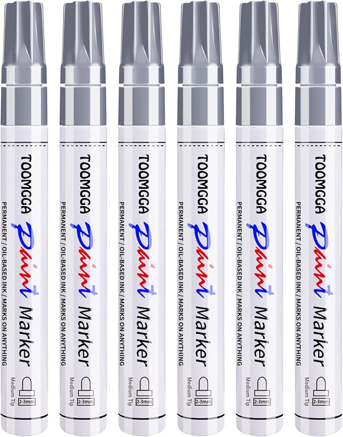 Silver Paint Pens Paint Markers - 6 Pack Permanent Markers Oil Based for Metal Wood, Pens for Metal, Car Tyre,Wood, Plastic, Rock Painting, Glass, Craft Supplies,Waterproof