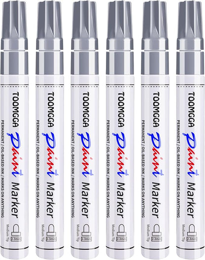 Silver Paint Pens Paint Markers - 6 Pack Permanent Markers Oil Based for Metal Wood, Pens for Metal, Car Tyre,Wood, Plastic, Rock Painting, Glass, Craft Supplies,Waterproof
