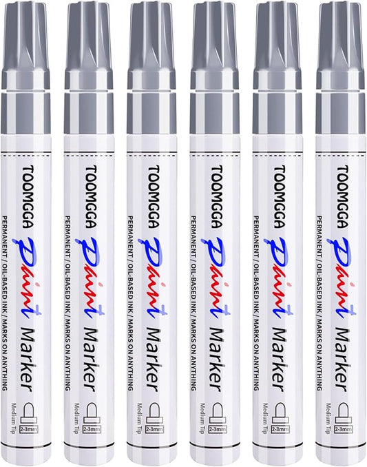 Silver Paint Pens Paint Markers - 6 Pack Permanent Markers Oil Based for Metal Wood, Pens for Metal, Car Tyre,Wood, Plastic, Rock Painting, Glass, Craft Supplies,Waterproof