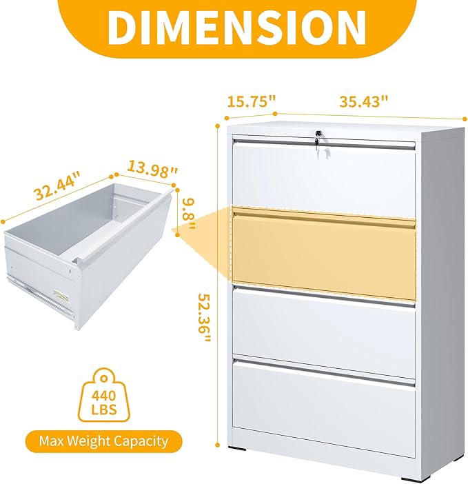 File Cabinet with Lock, 4 Drawer Lateral Filing Cabinet for Home Office, White Metal Heavy Duty File Cabinets for Hanging Letter/Legal/F4/A4 Size Files, Assembly Required