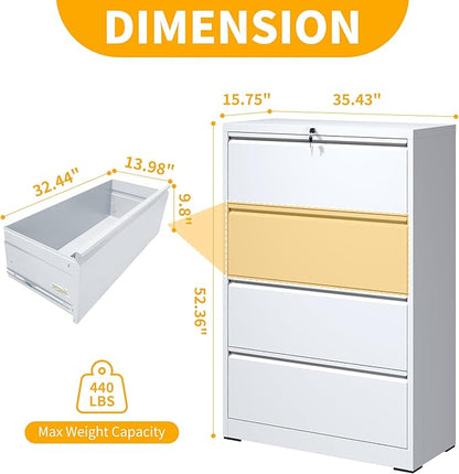 File Cabinet with Lock, 4 Drawer Lateral Filing Cabinet for Home Office, White Metal Heavy Duty File Cabinets for Hanging Letter/Legal/F4/A4 Size Files, Assembly Required
