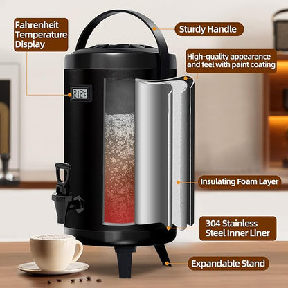 Insulated Beverage Dispenser - Thermal Hot and Cold Tea Dispenser - Stainless Steel 12L/3.2Gal with Spigot for Hot Coffee & Tea, Cold Milk & Juice - Black