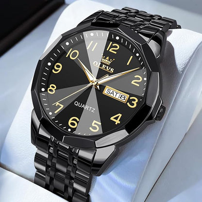 OLEVS Watch for Men Luxury Dress Analog Quartz Stainless Steel Waterproof Luminous Date Diamond Business Two Tone Casual Wrist Watch