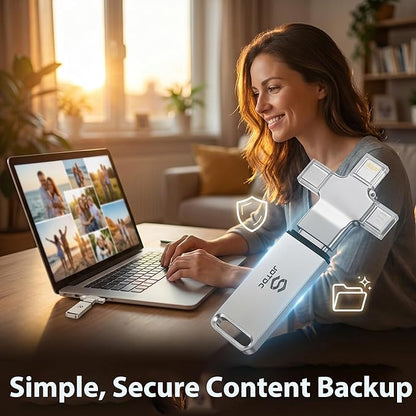 Multiport-Photo-Stick-Flash-Drive 128GB Fully Automatic Backup for iPhone iPad Android PC Mac - Smart Detection & Organization - Secure Photo Backup & Transfer Device Memory-Stick-Backup-Thumb-Drive