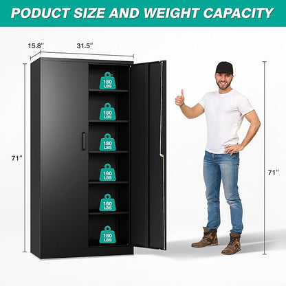Metal Storage Cabinet with 2 Doors and 6 Shelves,Black Metal Cabinet with Lock,71" Lockable Garage Storage Cabinets,Locking File Cabinet,Steel Tool Cabinets for Home,Office,Garage,Shop,School