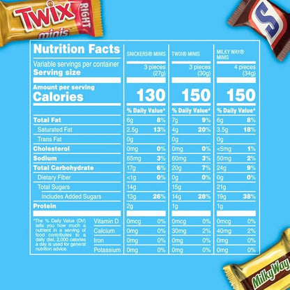 SNICKERS, TWIX & MILKY WAY Minis Assorted Chocolate Candy Variety Pack, Halloween Candy Bag, 150 Ct Bulk Bag