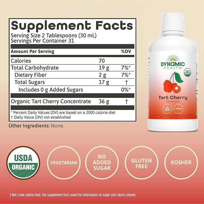 Dynamic Health Organic Tart Cherry Juice, Unsweetened 100% Juice Concentrate, Antioxidants Supplement, No Sweeteners or Additives, Vegan, Gluten Free, BPA Free, 32 oz