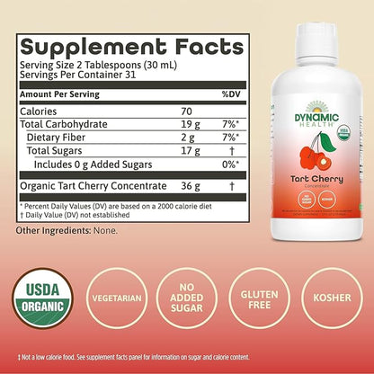 Dynamic Health Organic Tart Cherry Juice, Unsweetened 100% Juice Concentrate, Antioxidants Supplement, No Sweeteners or Additives, Vegan, Gluten Free, BPA Free, 32 oz