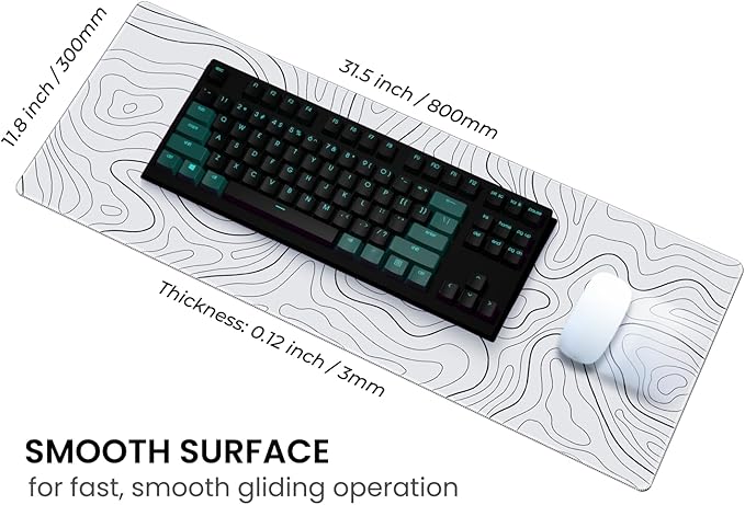 MAY FLOWER Large Gaming Mouse Pad, Full Keyboard Mat, Long Laptop Mousepad, Computer Mouse Mat for Home and Office, Anti-Slip Rubber Base, 31.5 x 11.8 Inches (Grey White Topographic Map)