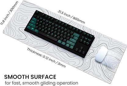 MAY FLOWER Large Gaming Mouse Pad, Full Keyboard Mat, Long Laptop Mousepad, Computer Mouse Mat for Home and Office, Anti-Slip Rubber Base, 31.5 x 11.8 Inches (Grey White Topographic Map)