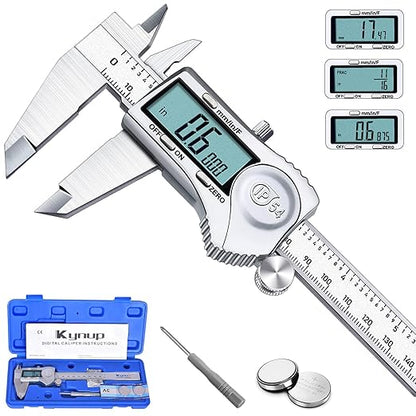 Kynup Digital Caliper, Caliper Measuring Tool Outside Micrometer, Vernier Dial Caliper Stainless Steel, IP54 Splash Proof Protection, Inch Metric Fraction Conversion, Large LCD Screen (6Inch/150mm)
