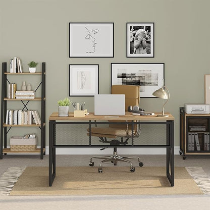 BON AUGURE Farmhouse Computer Desk, Modern Industrial Home Office Desks, Wood Metal Study Writing Table, Sturdy Gaming Desk (Vintage Oak, 54 Inch)