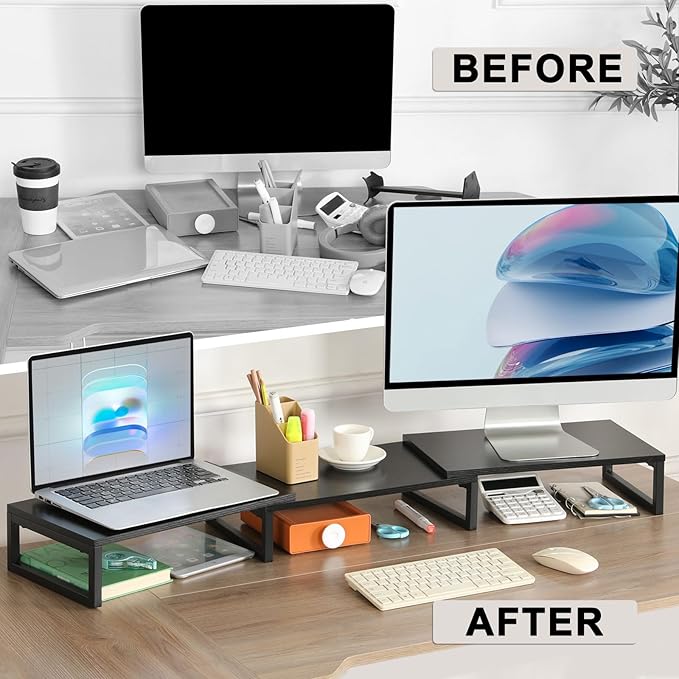 TEAMIX Dual Monitor Stand Riser for 2 Monitors, Wood & Metal Stand Adjustable Length/Angle Shelf Triple Monitor Stand for Screens/PCs/Printers/Laptops Desktop Organizer