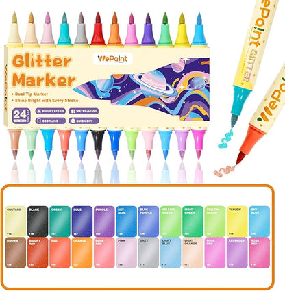WePaint Glitter Marker Pens Dual Tip, 12 Shimmer Markers 24 Glitter Colors Metallic Marker with Brush Tips, Water-based Ink for Kids Adults DIY Crafts, Card Making, Scrapbooking, Kids School Supplies
