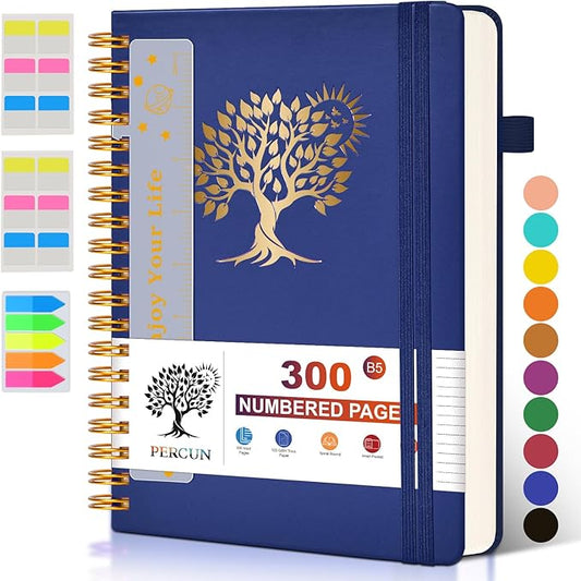 Large Spiral Notebook Journal for Women Men - 300 Numbered Lined Pages, College Ruled,B5 Hardcover Spiral Bound Notebook for School, Work, Note Taking, Writing, Leather Spiral Journal 7"x10"