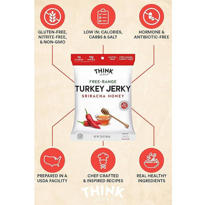 Think Jerky Sriracha Honey Turkey Jerky, High Protein Free-Range Turkey, Gluten Free, No Antibiotics or Nitrates, Healthy Chef Crafted Recipe, Low Calorie and Low Fat - 2.2 oz Bags, 8 Pack