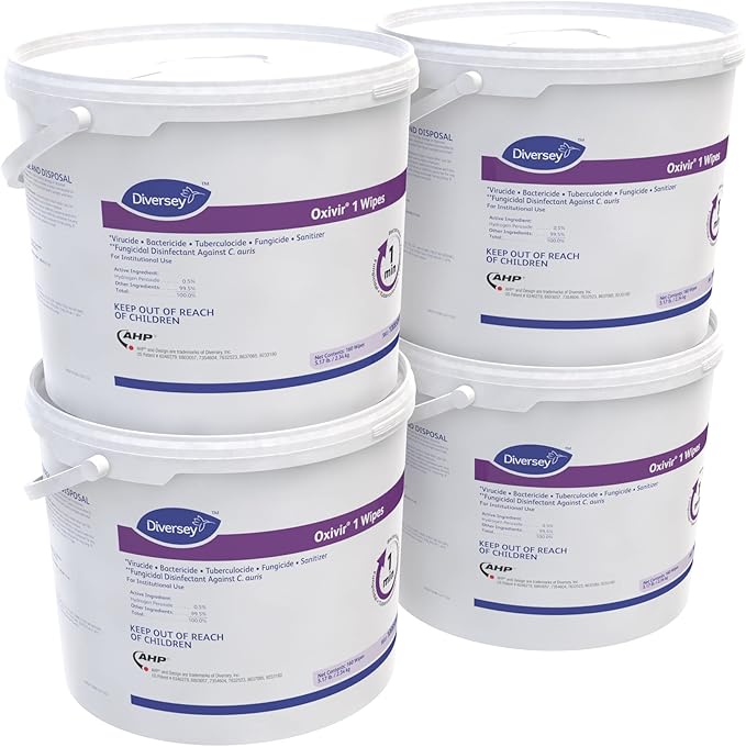 Oxivir Diversey 1 100850924 Disinfectant Cleaning Wipes, Virucidal, Pre-Moistened with Accelerated Hydrogen Peroxide AHP, Unscented, 160 Extra Large 11x12-Inch Wipes, 1-Bucket (Pack of 4)
