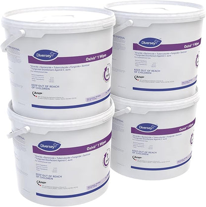 Oxivir Diversey 1 100850924 Disinfectant Cleaning Wipes, Virucidal, Pre-Moistened with Accelerated Hydrogen Peroxide AHP, Unscented, 160 Extra Large 11x12-Inch Wipes, 1-Bucket (Pack of 4)