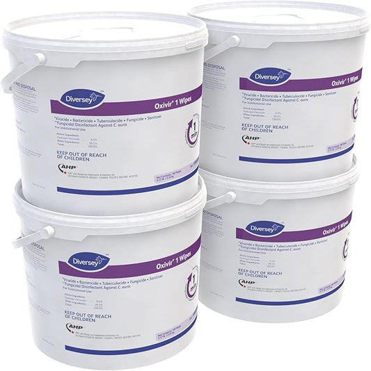 Oxivir Diversey 1 100850924 Disinfectant Cleaning Wipes, Virucidal, Pre-Moistened with Accelerated Hydrogen Peroxide AHP, Unscented, 160 Extra Large 11x12-Inch Wipes, 1-Bucket (Pack of 4)