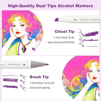 Alcohol Markers, 60 Colors Dual Tip Art Markers with Carrying Case, Drawing Marker, Coloring Marker for Book Painting Card Making for Adults Kids.