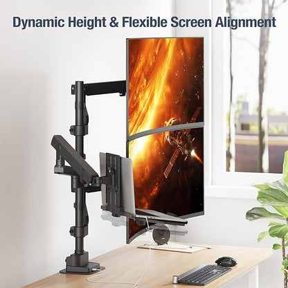 AVLT Laptop & Dual 40 Inch Stacking Monitor Arm Pole Top Mount with USB-C USB-A Ports-Black, Supports 26.4 lbs (12kg), Ultrawide Screen Fit, VESA Compatible, Multi-Screen, Ergonomic Workspace Upgrade